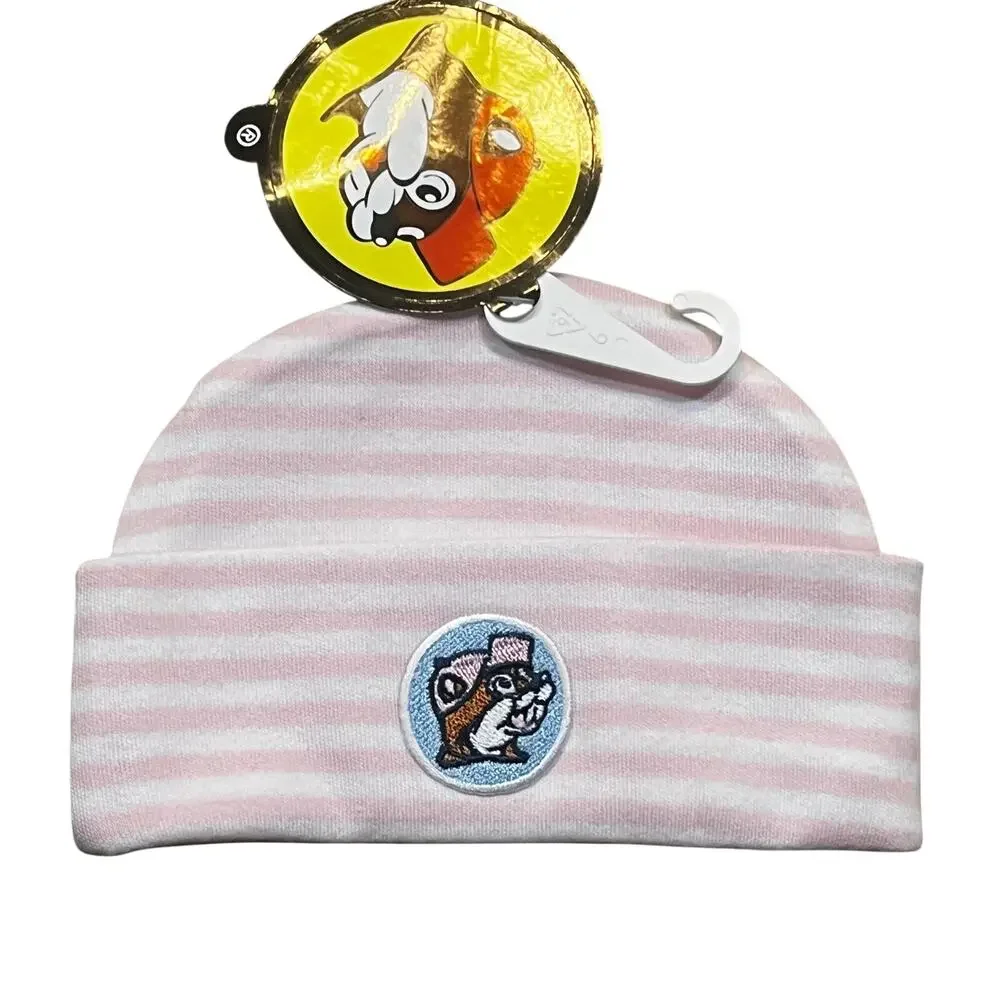 NEW Buc-ee’s Baby Beanie Hat Newborn Pink Stripe Embroidered Logo Soft Knit Girl